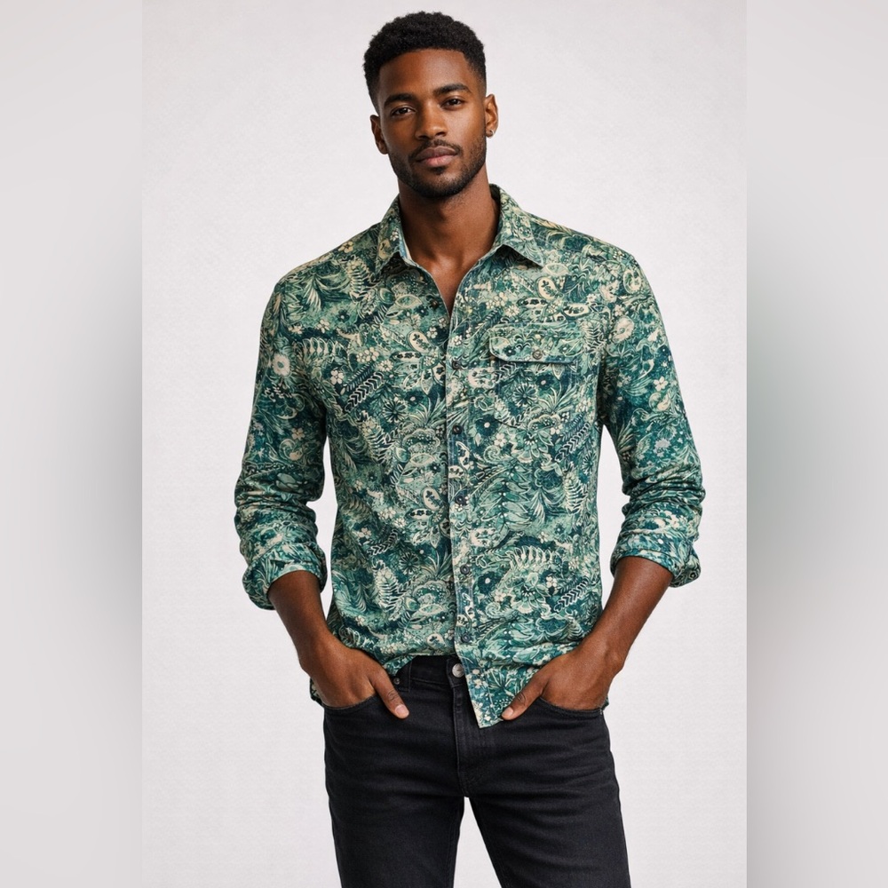 Sean John Mens large Tailored Fit Linen Blend Button Down Shirt Tropical Floral